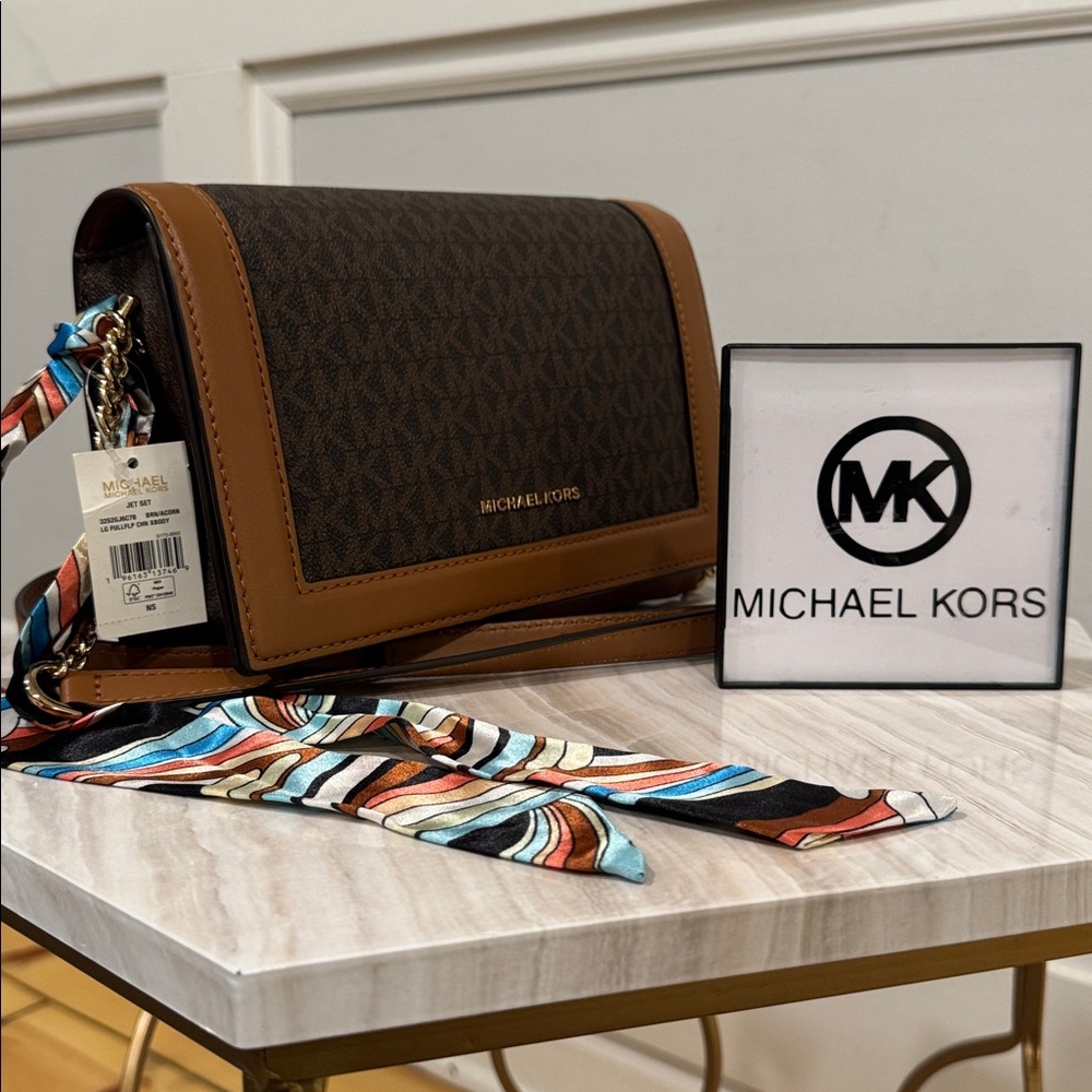 Michael Kors Jet Set Logo Brown and Tan Chain Crossbody NWT